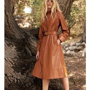 Anthropologie MareMare Faux Leather Midi Dress XS Petite Belted Tan Gold